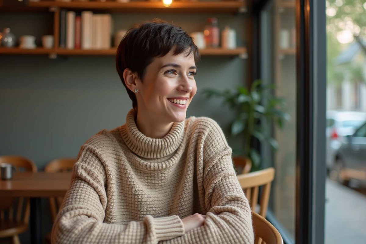 Femme avec coupe pixie dans un café moderne et chaleureux