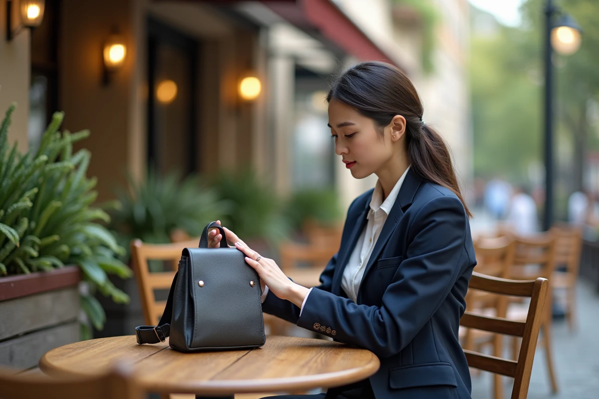 Femme professionnelle avec sac en café en plein air