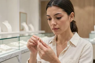 Femme examinant un bijou délicat dans une boutique de joaillerie minimaliste pour choisir le bon bijou SRD