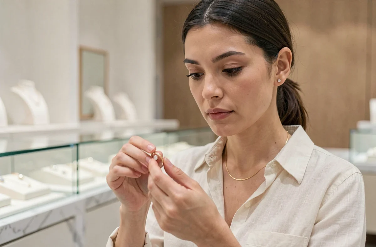 Femme examinant un bijou délicat dans une boutique de joaillerie minimaliste pour choisir le bon bijou SRD