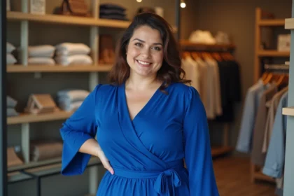 Femme aux courbes assumées portant une robe portefeuille bleue dans une boutique mode parisienne, style éditorial réaliste 2026