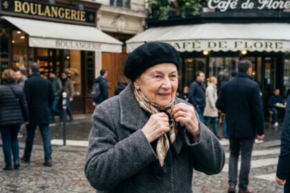 Femme âgée en beret noir dans une rue parisienne