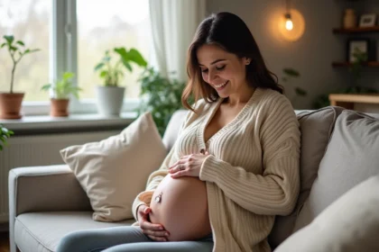 Femme enceinte souriante dans un salon scandinave chaleureuse