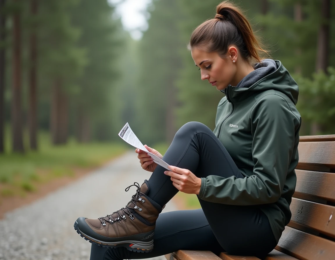 Femme comparant la taille de sa chaussure Salomon avec un guide des tailles sur sentier forestier