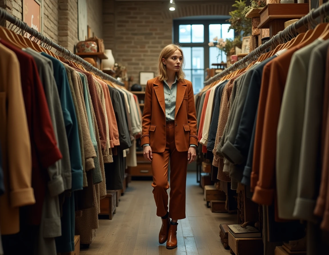 Femme parcourant les portants d'une friperie vintage parisienne avec des vêtements rétro et un décor authentique en briques