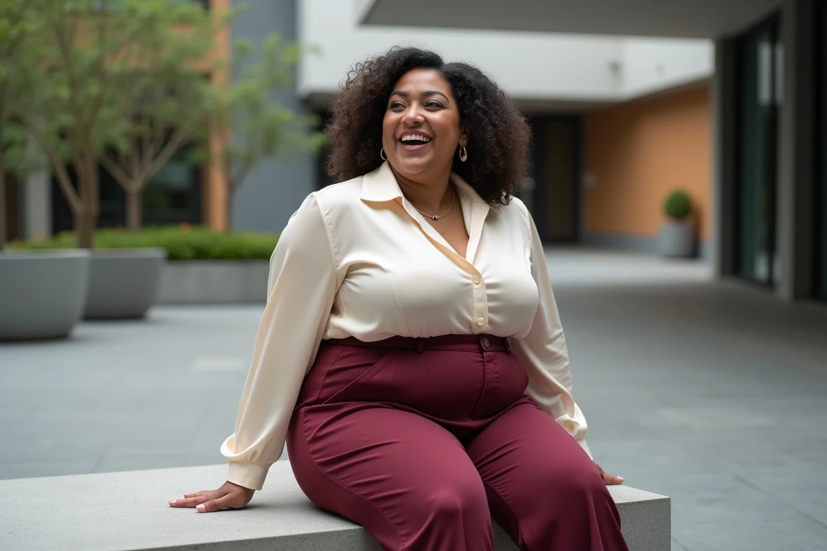 Femme grande taille en pantalon large bordeaux et chemisier satiné assise en milieu urbain, mode inclusive tendance 2026