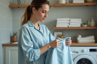 Femme plie délicatement un vêtement en coton dans une buanderie chaleureuse