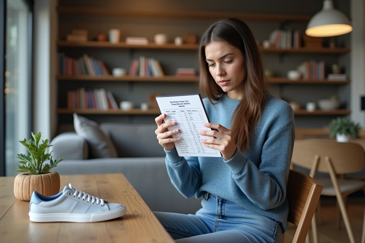 Jeune femme lisant un tableau de conversion de chaussures