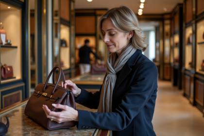 Femme élégante achetant un sac de luxe à Paris