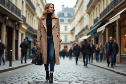 Jeune femme élégante marchant dans Paris avec trench et sac