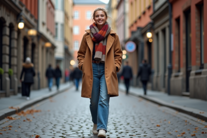 Jeune femme mode dans une rue de Stockholm automne