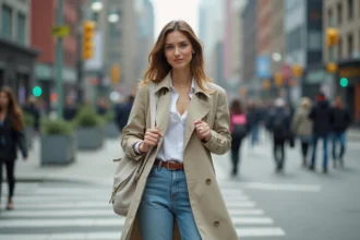 Femme à la mode ajustant son sac en ville