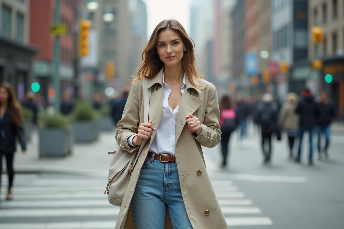 Femme à la mode ajustant son sac en ville