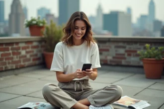 Femme moderne et confiante sur un rooftop urbain consultant son téléphone, style éditorial lifestyle féminin décomplexé