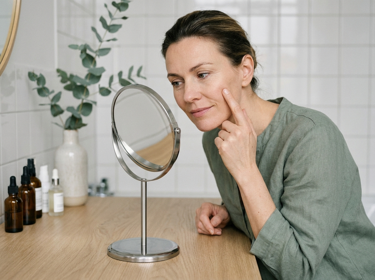 Femme de 45 ans examinant sa peau améliorée dans un miroir grossissant après utilisation de sérum rétinol