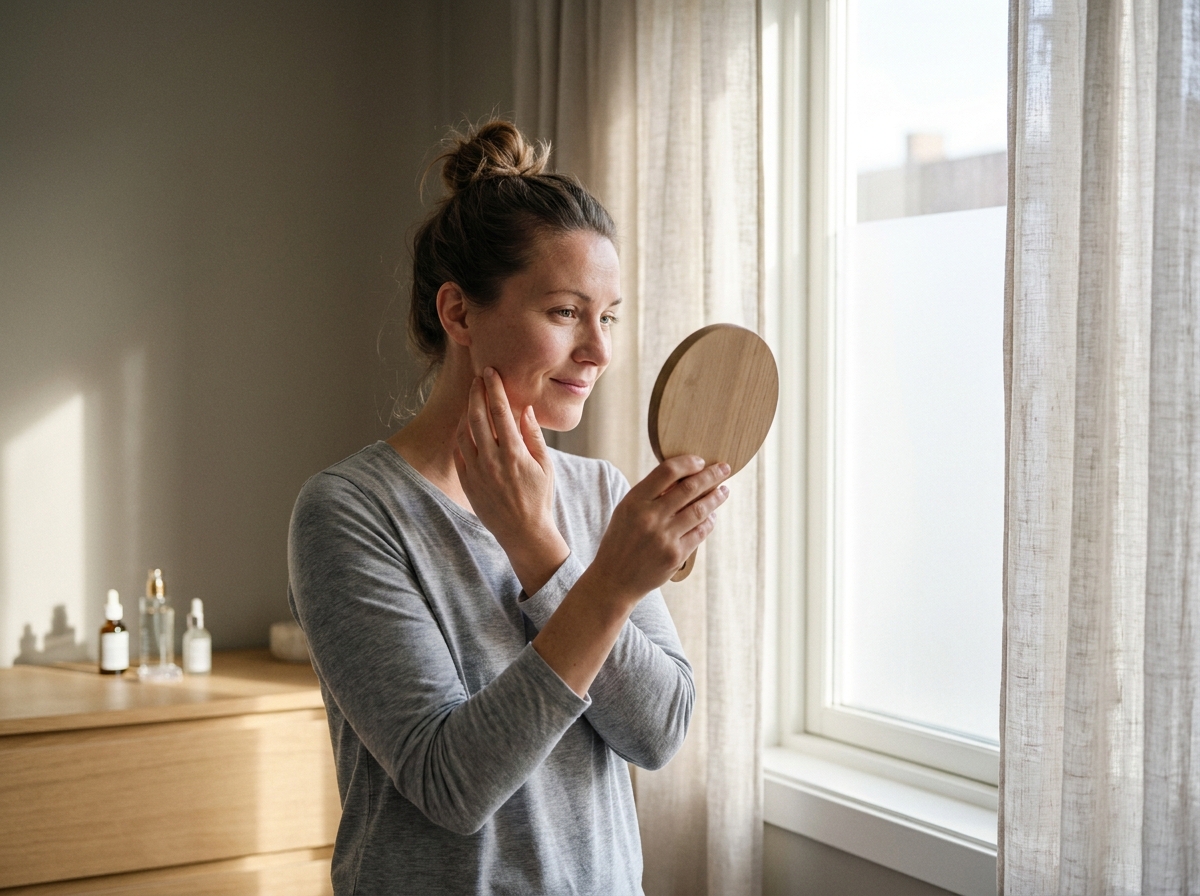 Femme de 35 ans examinant sa peau dans un miroir à main dans une chambre scandinave lumineuse après sa routine au rétinol