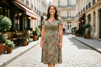 Femme petite et ronde souriante portant une robe portefeuille fleurie dans une rue parisienne