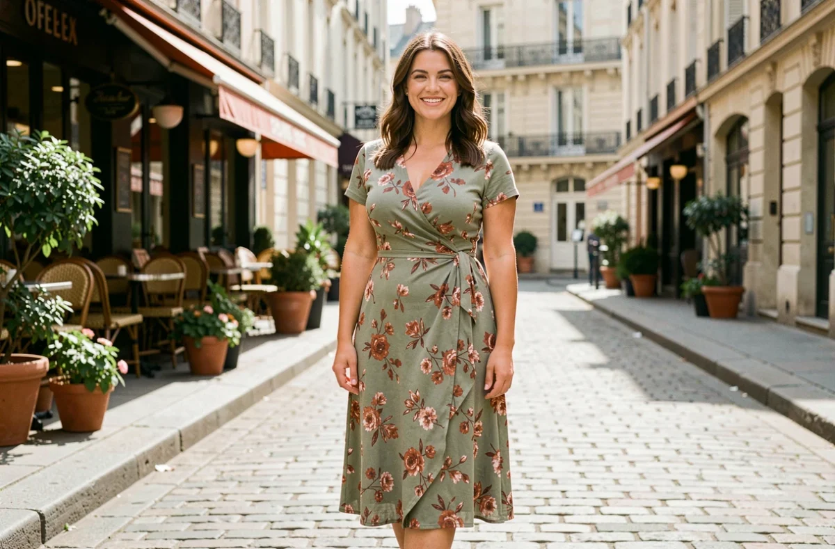 Femme petite et ronde souriante portant une robe portefeuille fleurie dans une rue parisienne