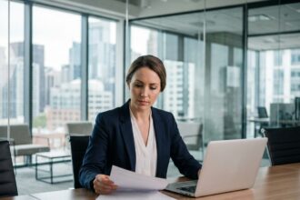 Femme professionnelle en blazer marine travaillant sur des documents dans un bureau moderne avec vue urbaine