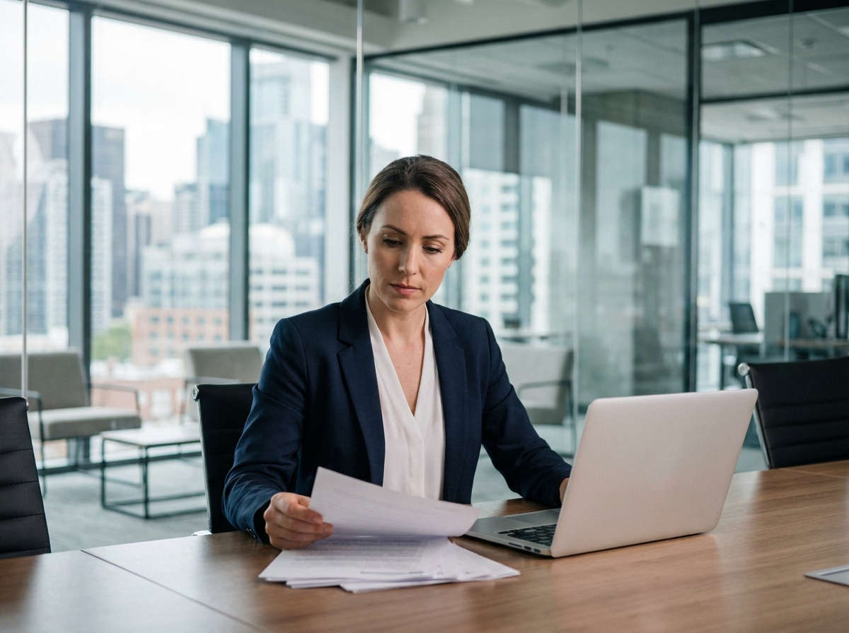 Femme professionnelle en blazer marine travaillant sur des documents dans un bureau moderne avec vue urbaine