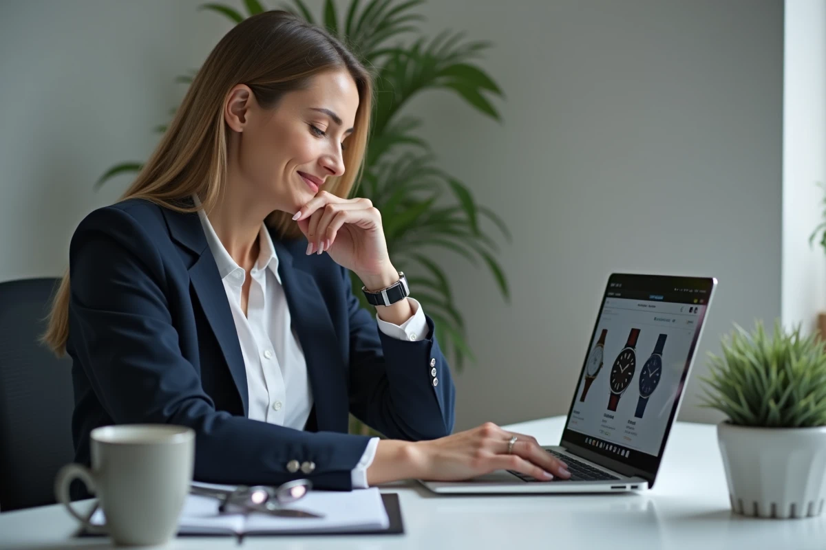 Femme consultant un site de comparaison de montres Rolex d'occasion sur ordinateur dans un bureau moderne à domicile
