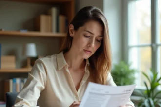 Femme examinant un relevé bancaire à son bureau pour gérer un litige lié à une réclamation ZARA