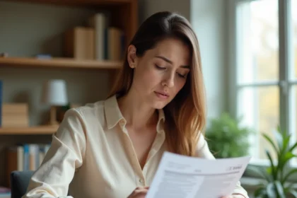 Femme examinant un relevé bancaire à son bureau pour gérer un litige lié à une réclamation ZARA