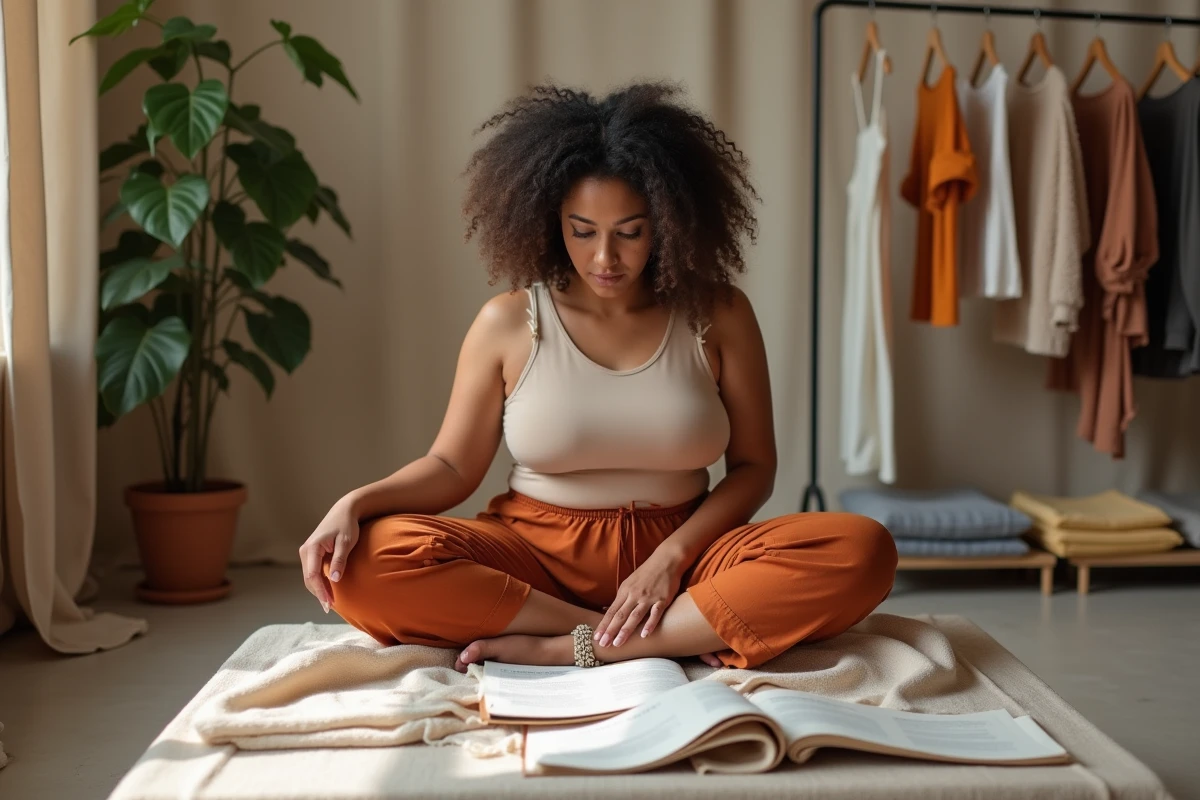 Femme ronde assise consultant un guide de taille pour choisir un sarouel orange adapté à sa morphologie dans un studio lifestyle.