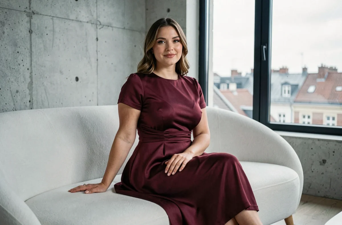 Femme ronde et petite en robe mi-longue bordeaux assise dans un salon moderne et épuré