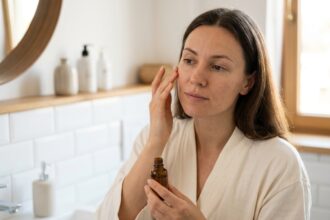 Femme de 30 ans appliquant un sérum au rétinol sur son visage devant un miroir de salle de bain minimaliste