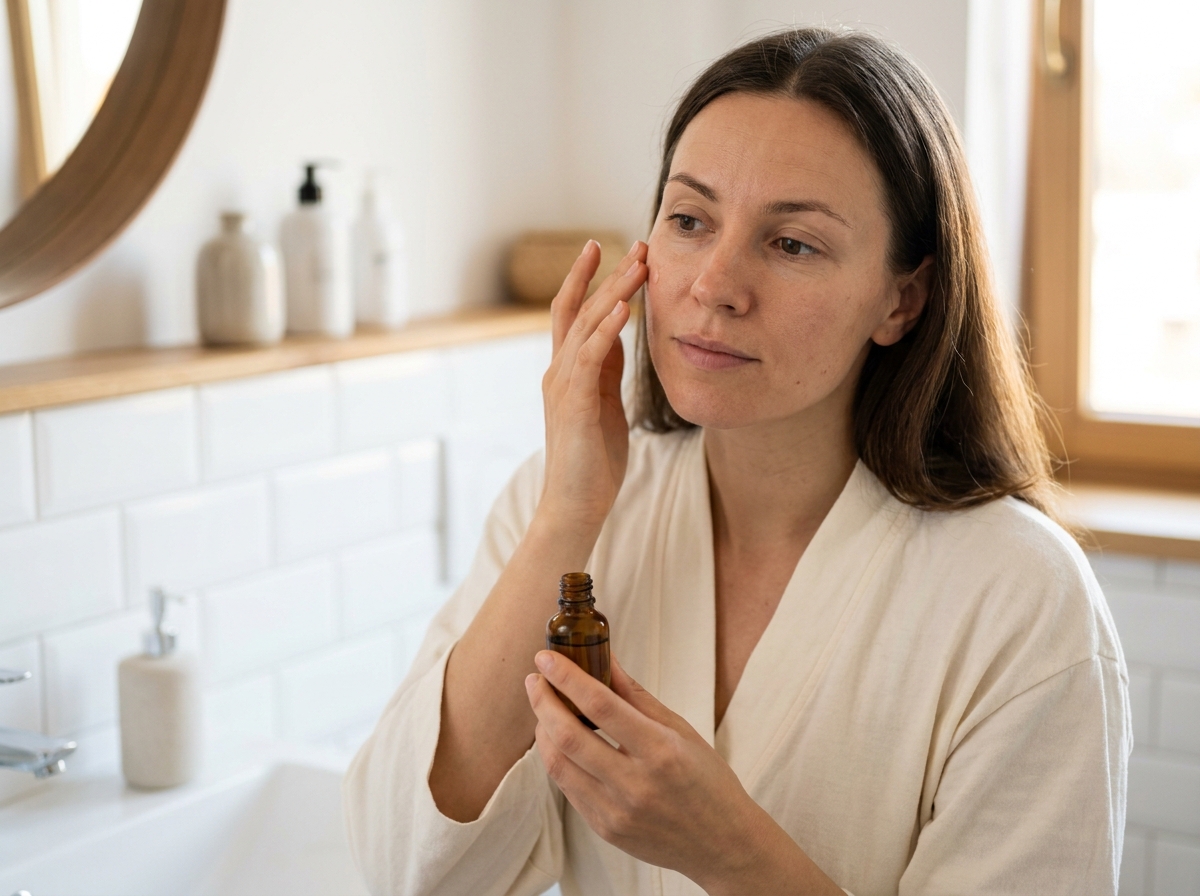 Femme de 30 ans appliquant un sérum au rétinol sur son visage devant un miroir de salle de bain minimaliste