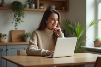 Jeune femme assise à la maison avec un ordinateur portable