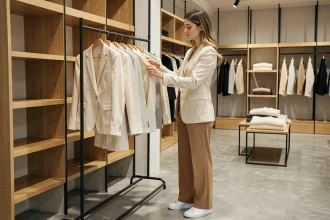 Femme élégante en tenue bureau chic décontracté faisant du shopping dans une boutique de vêtements à Marseille
