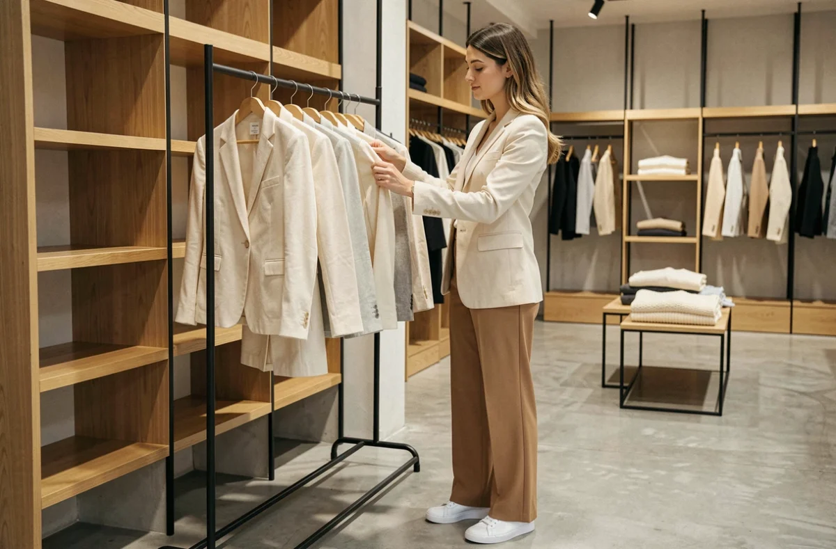 Femme élégante en tenue bureau chic décontracté faisant du shopping dans une boutique de vêtements à Marseille