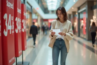 Femme d'âge moyen vérifiant un long reçu dans un centre commercial