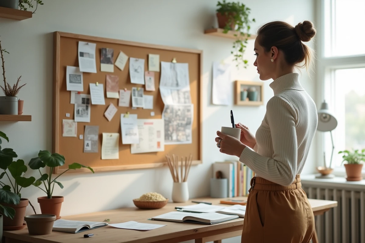 Femme créative dans un studio aménagé à domicile travaillant sur un projet éditorial lifestyle féminin moderne