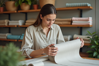 Jeune femme touchant un tissu écologique dans une boutique moderne
