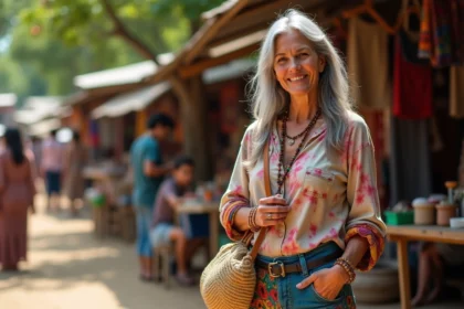 Femme vintage avec sac tissé dans un marché en plein air