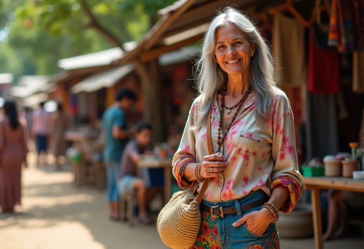 Femme vintage avec sac tissé dans un marché en plein air
