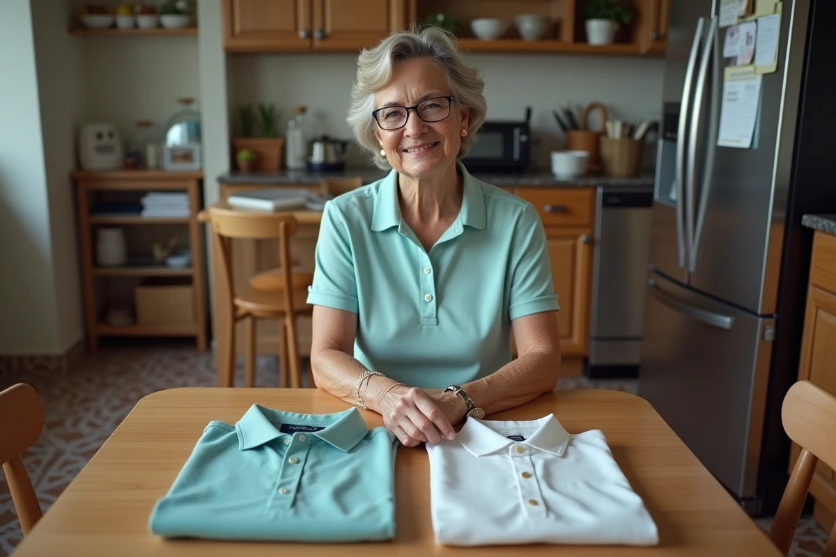 Femme compare logos de deux polos dans la cuisine