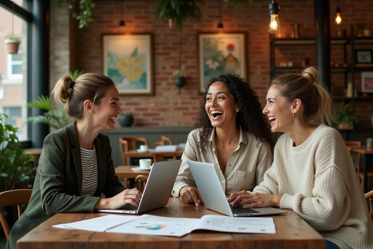 Trois femmes créatives réunies dans un café branché autour d'un projet lifestyle, ambiance conviviale et éditoriale