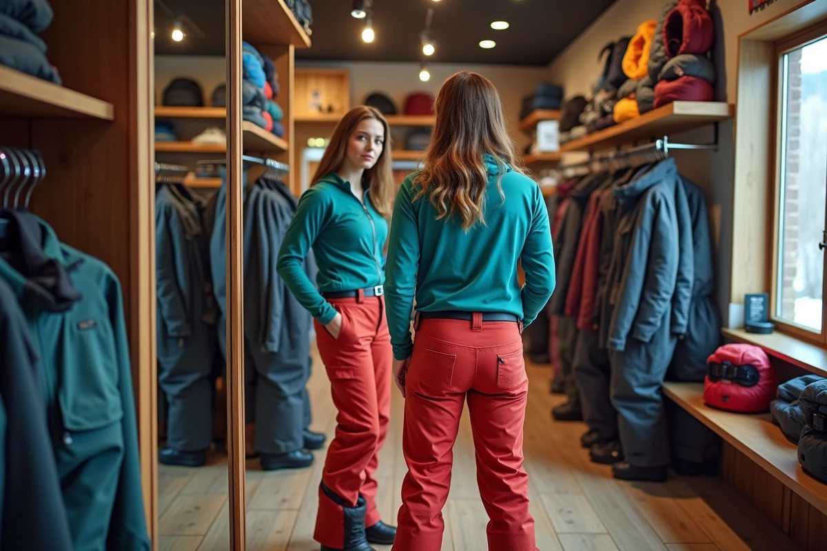 Deux jeunes femmes essayant pantalons de ski en magasin