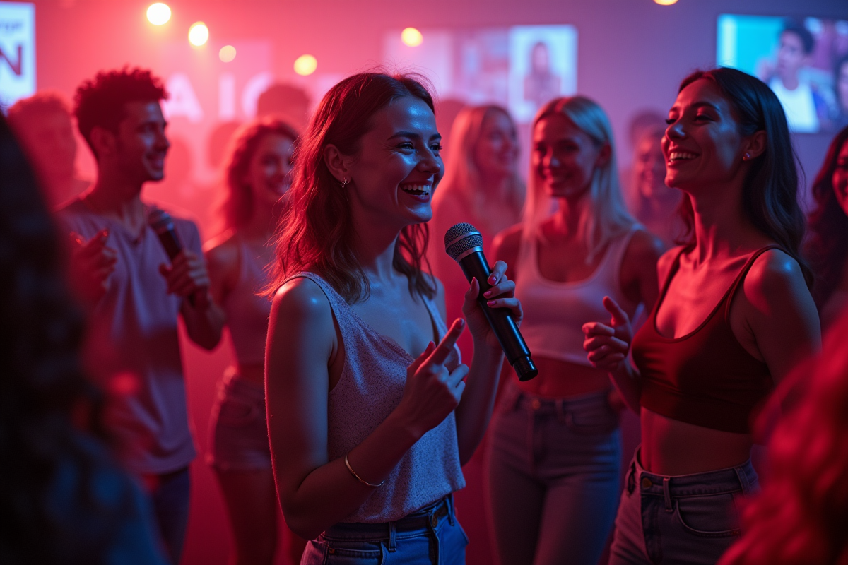 Jeunes adultes dans une fête années 2000 dansante et chantante