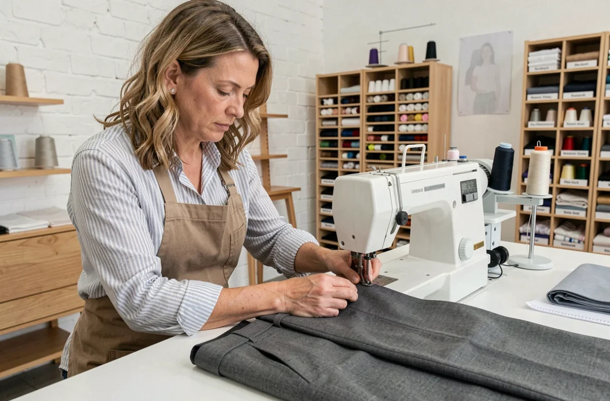 Couturière effectuant un ourlet sur un pantalon tailleur à la machine dans l'atelier Filaurcouture au Bouscat