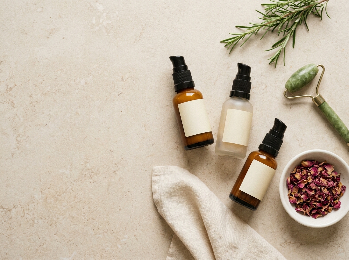 Flat lay de sérums rétinol en flacons de verre ambré avec accessoires de soin sur fond en pierre naturelle