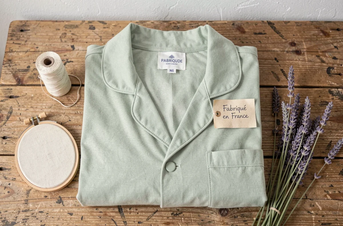 Flatlay d'un pyjama en coton bio personnalisé made in France avec étiquette artisanale et accessoires de couture sur bois brut