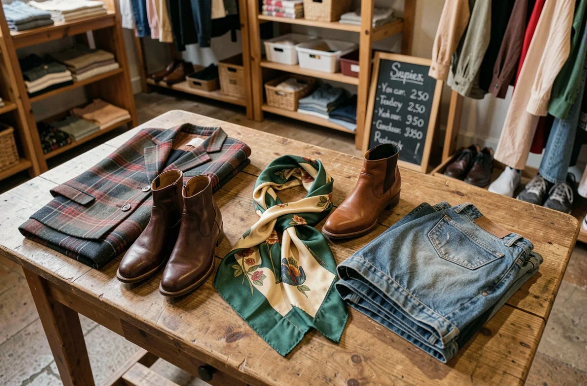 Flat lay de vêtements et accessoires de seconde main disposés sur une table en bois dans une friperie de la région Auvergne-Rhône-Alpes
