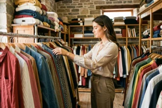 Femme qui fouille les portants d'une friperie en Auvergne-Rhône-Alpes, entourée de vêtements vintage colorés dans une boutique aux murs en pierre