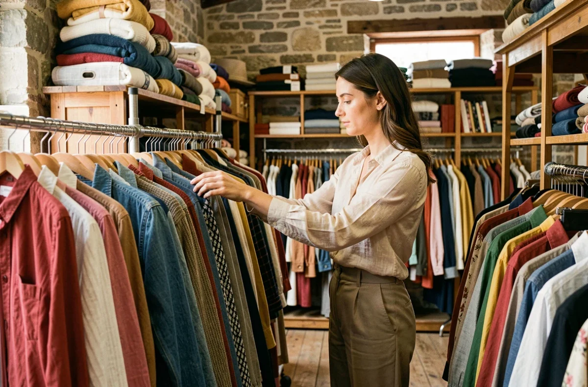 Femme qui fouille les portants d'une friperie en Auvergne-Rhône-Alpes, entourée de vêtements vintage colorés dans une boutique aux murs en pierre