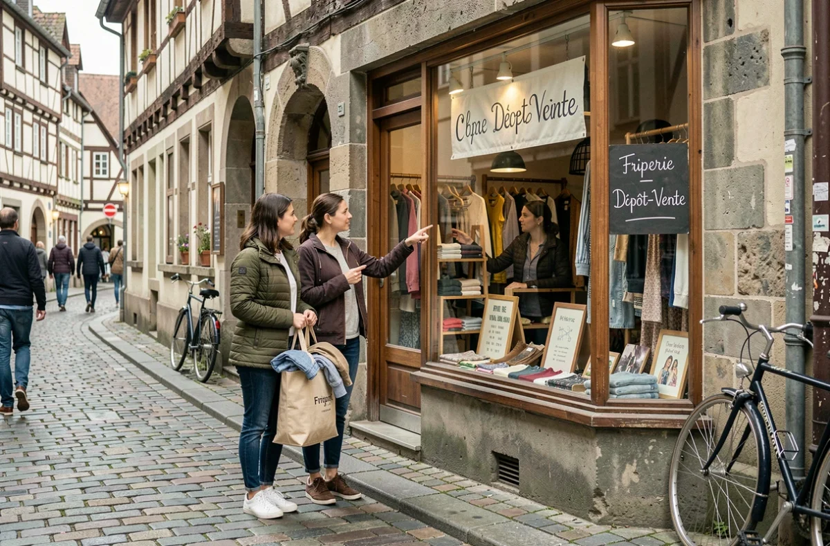 Deux femmes devant une friperie et dépôt-vente dans une rue pavée du centre historique de Strasbourg